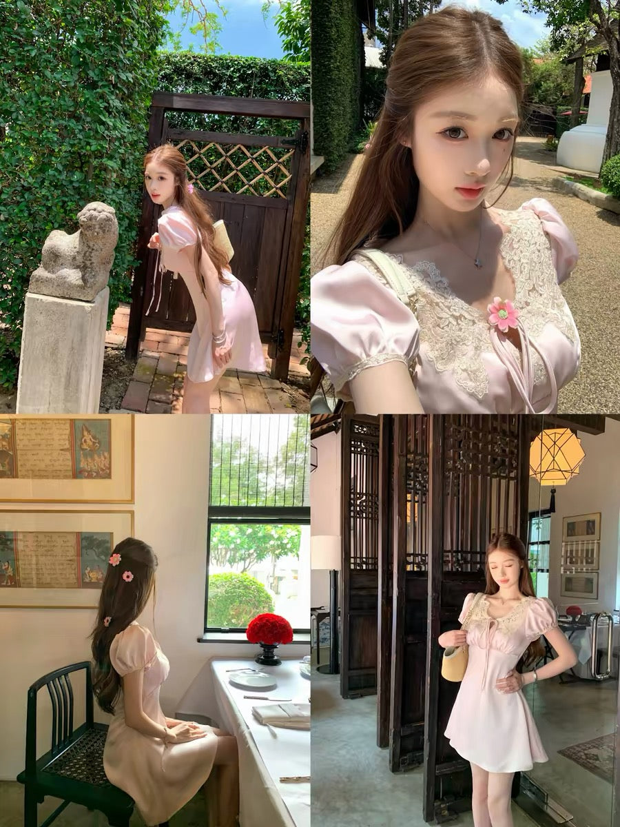 JUNSTUDIO [Ch10e Heiress] Pink Lace Crochet Satin Dress