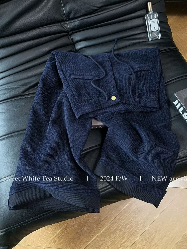 Find a bargain in Nanyou! Retro high-waisted, drawstring, loose-fitting wide-leg trousers in blue corduroy, women's casual pants.