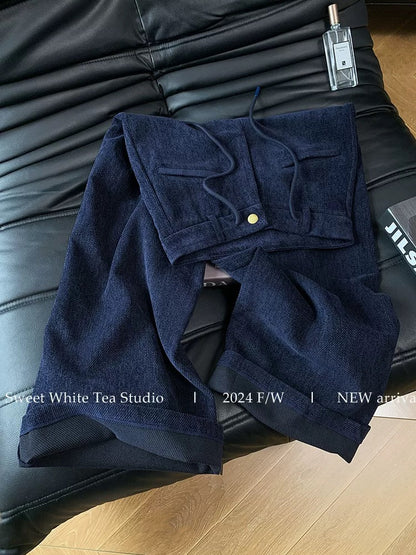 Find a bargain in Nanyou! Retro high-waisted, drawstring, loose-fitting wide-leg trousers in blue corduroy, women's casual pants.