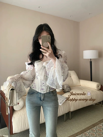 juicecola American unique fragrance purple print with chest pad design niche waist slimming top