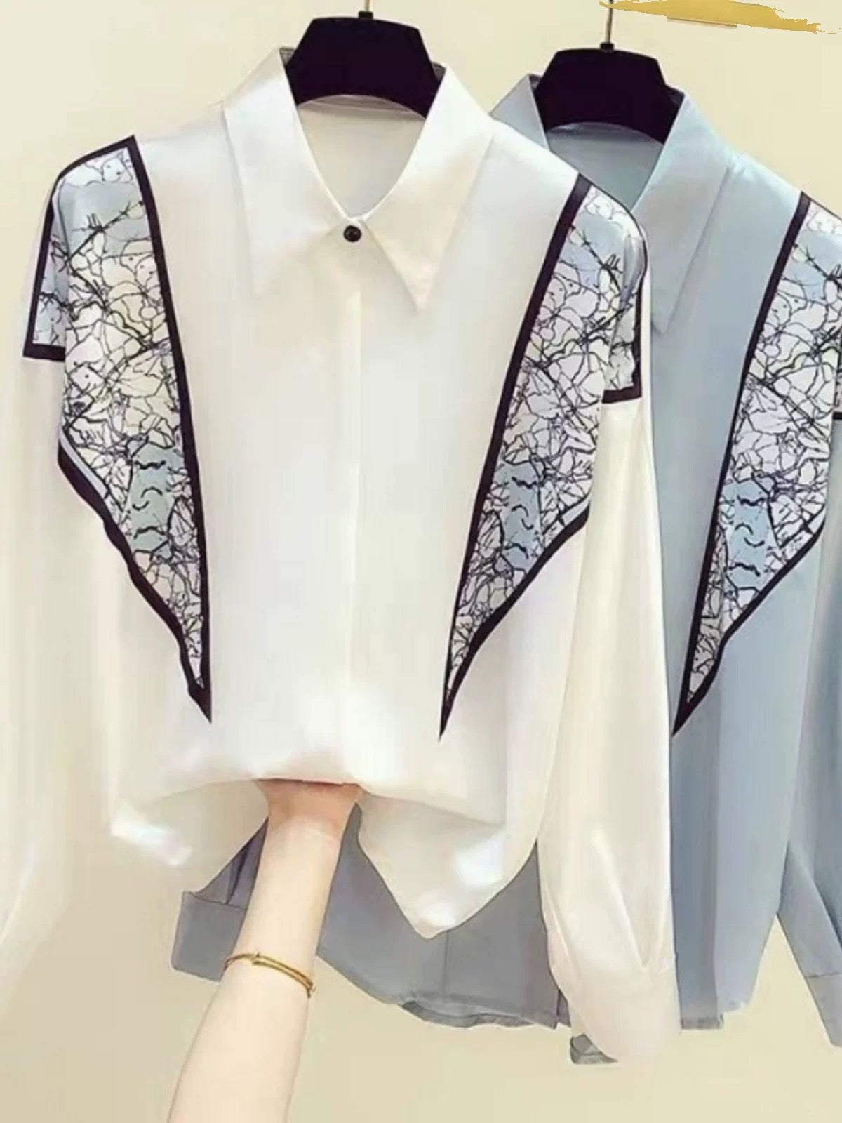 Brand discount store women's clothing mall counter clearance spring and autumn contrast printed loose long-sleeved chiffon shirt for women