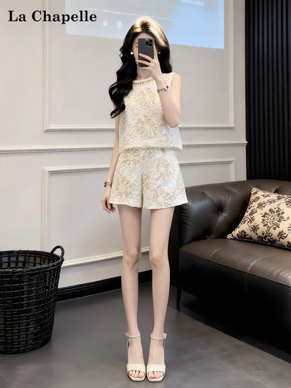 La Chapelle Women's Summer Casual Sporty Set: Sleeveless Cut-out Lace Top & Shorts – Chic, Slimming, "Little Fragrance" Style