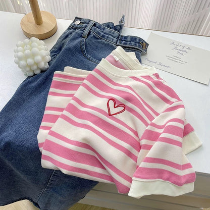 Love embroidered striped short-sleeved T-shirts new summer models to cover the flesh and make you look thinner, pink and age-reducing trendy tops
