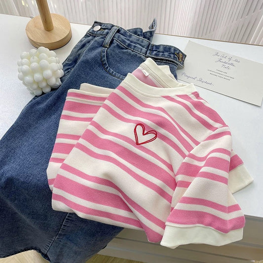 Love embroidered striped short-sleeved T-shirts new summer models to cover the flesh and make you look thinner, pink and age-reducing trendy tops