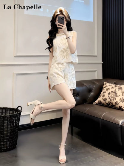 La Chapelle Women's Summer Casual Sporty Set: Sleeveless Cut-out Lace Top & Shorts – Chic, Slimming, "Little Fragrance" Style