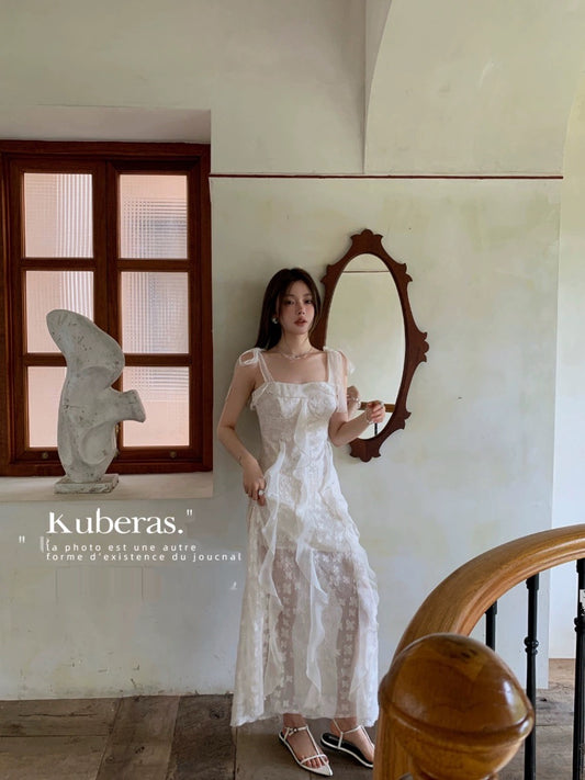 KUBERAS【White Jade Zizhi】High-end elegant fairy sequin splicing suspender dress long skirt 2 colors