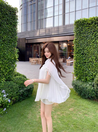 JUNSTUDIO [Summer Glow] Lace Ribbon Pleated Vest, Elegant Two-Way Shawl/Hallet Neck Top