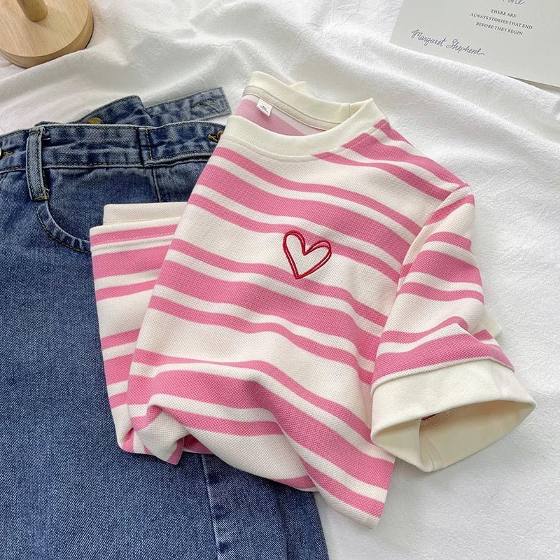 Love embroidered striped short-sleeved T-shirts new summer models to cover the flesh and make you look thinner, pink and age-reducing trendy tops