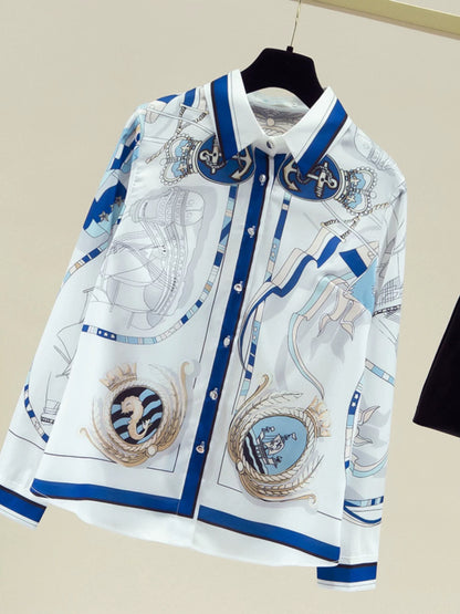 Brand discount women's clothing cutting label counter foreign trade design niche printed chiffon shirt women's spring and autumn chic shirt