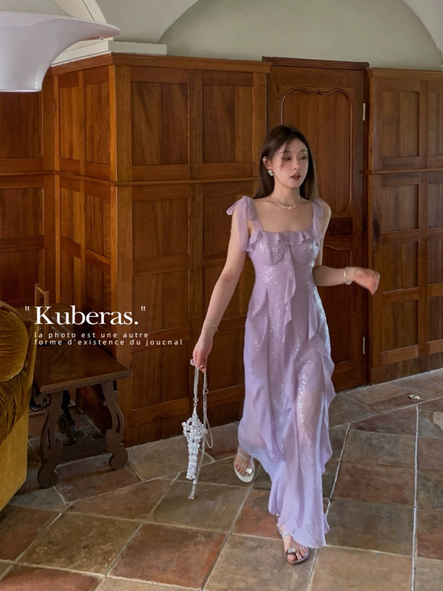 KUBERAS【White Jade Zizhi】High-end elegant fairy sequin splicing suspender dress long skirt 2 colors