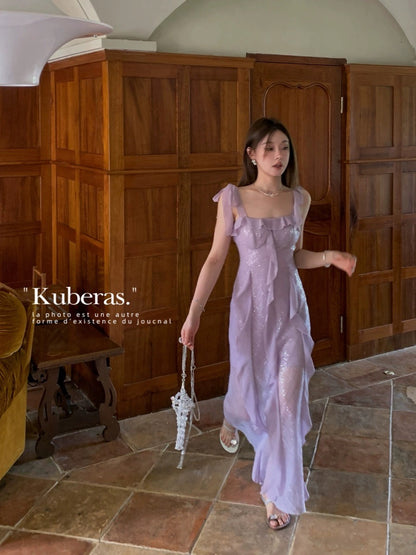 KUBERAS【White Jade Zizhi】High-end elegant fairy sequin splicing suspender dress long skirt 2 colors