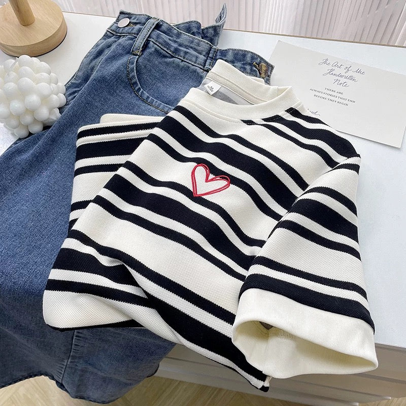 Love embroidered striped short-sleeved T-shirts new summer models to cover the flesh and make you look thinner, pink and age-reducing trendy tops