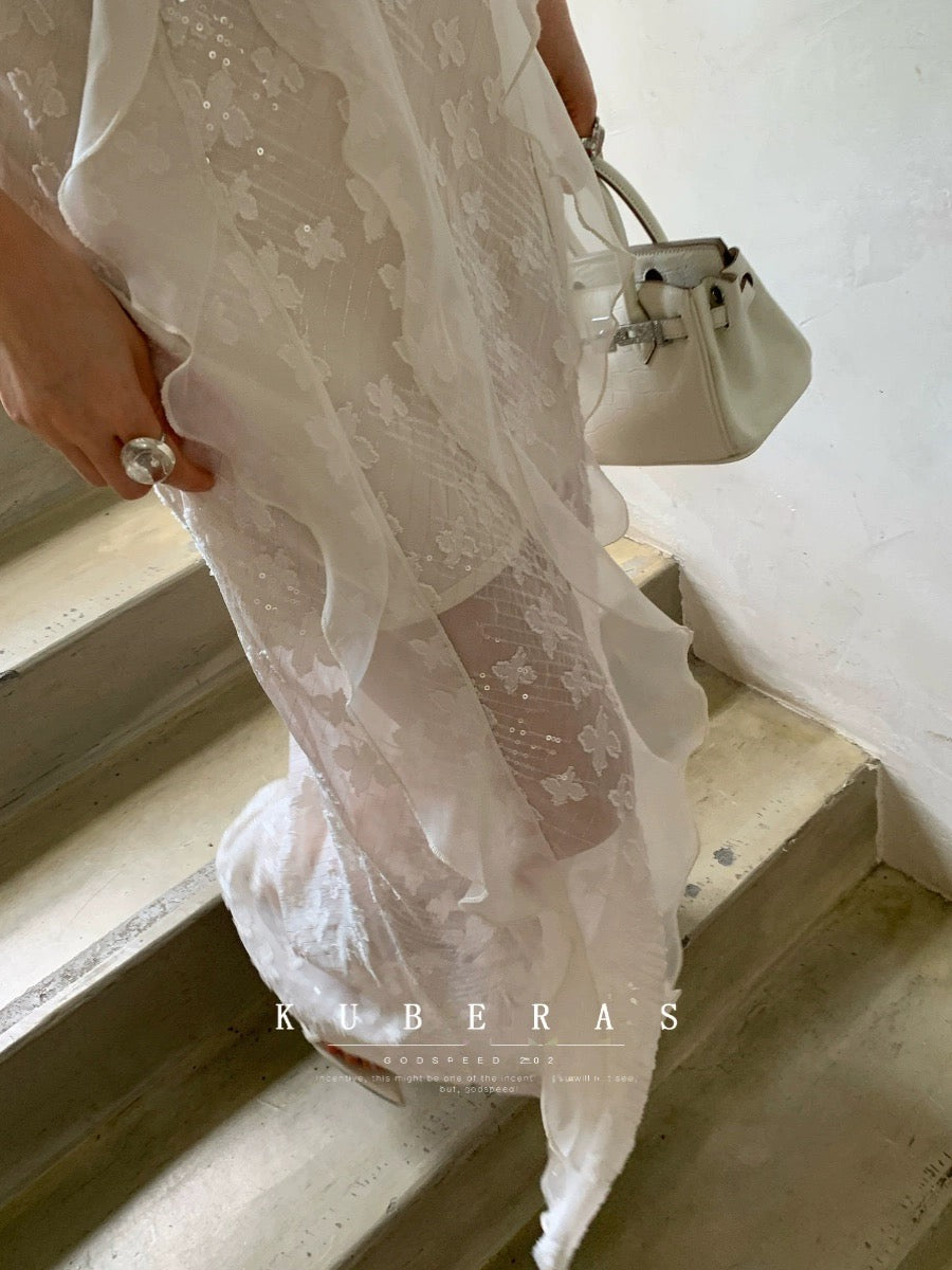 KUBERAS【White Jade Zizhi】High-end elegant fairy sequin splicing suspender dress long skirt 2 colors