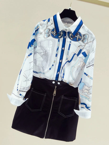 Brand discount women's clothing cutting label counter foreign trade design niche printed chiffon shirt women's spring and autumn chic shirt