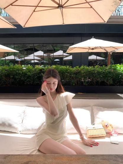 JUNSTUDIO【Full of Oxygen】Ruffled Linen Off-Shoulder Top, French Chic White One-Shoulder T-Shirt for Women