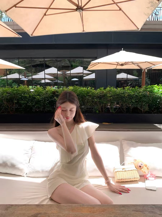 JUNSTUDIO【Full of Oxygen】Ruffled Linen Off-Shoulder Top, French Chic White One-Shoulder T-Shirt for Women
