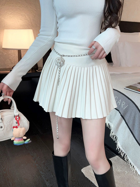 FairyJiang's new elegant milky white woolen pleated skirt, versatile high-waisted slimming A-line short skirt