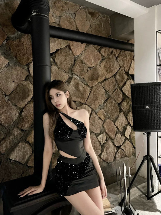 LUV2SHY2024 super flash original summer sequined stitching satin slanted shoulder top sexy black suit
