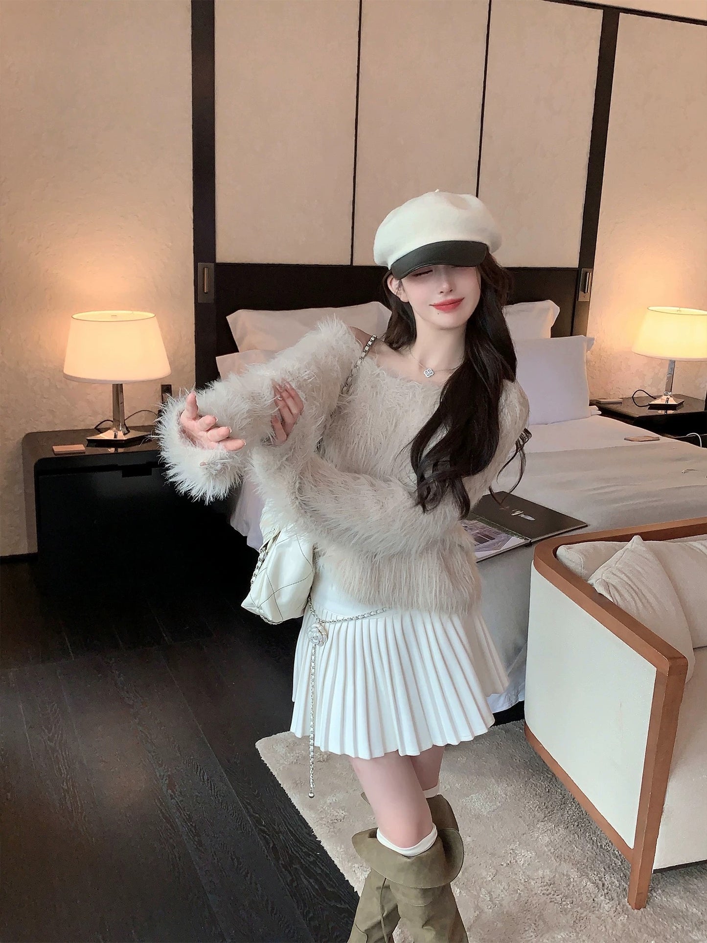 FairyJiang's new elegant milky white woolen pleated skirt, versatile high-waisted slimming A-line short skirt