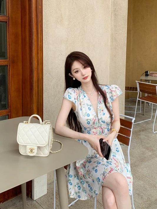 juicecola French sexy deep V dress waist slimming print a-line skirt seaside holiday style short skirt