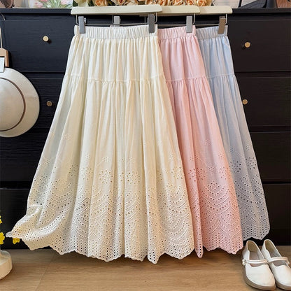 French-style sweet and youthful hollowed-out lace crochet midi skirt for women, summer 2025, high-waisted, pleated, loose-fitting, wide-skirted umbrella skirt.