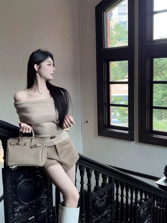 FairyJiang new winter temperament one-shoulder sweater top for women with slim sweater, including belt