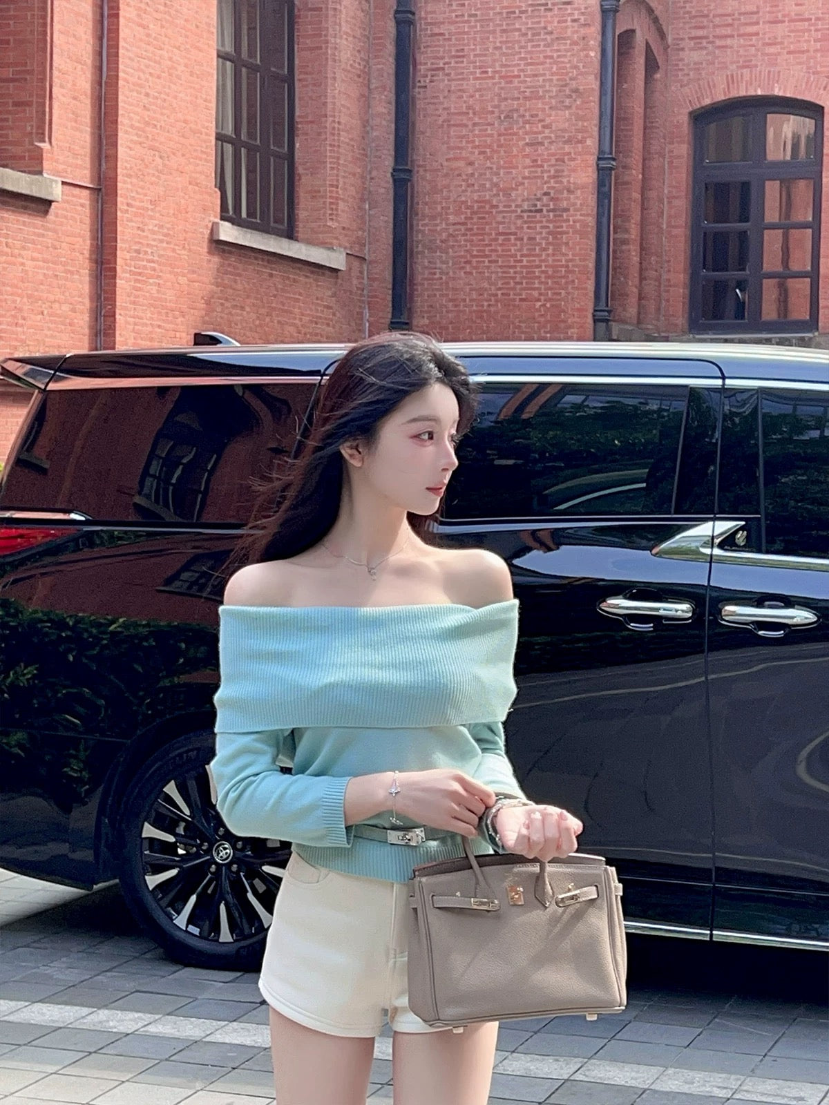 FairyJiang new winter temperament one-shoulder sweater top for women with slim sweater, including belt