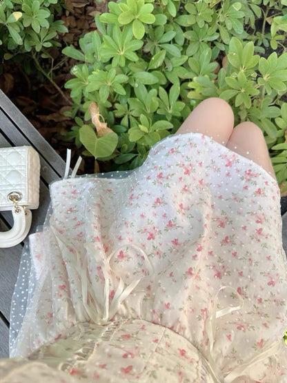 JUNSTUDIO 【Floral】Niche French Style Slim Waist Floral Print Tie-Waist Dress