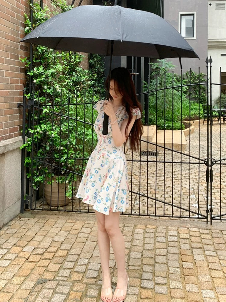 juicecola French sexy deep V dress waist slimming print a-line skirt seaside holiday style short skirt