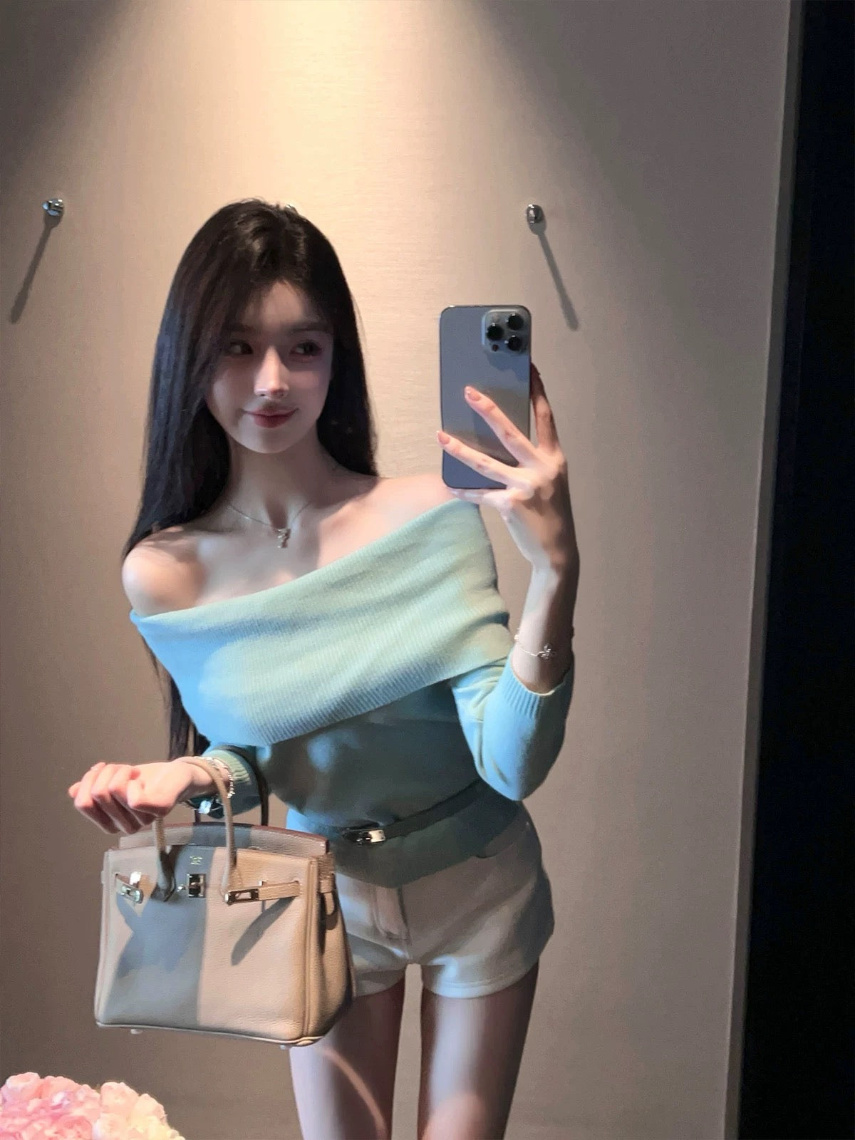 FairyJiang new winter temperament one-shoulder sweater top for women with slim sweater, including belt