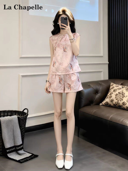 La Chapelle "New Chinese Style" Phoenix-Print Sleeveless Top & Shorts Set – Minimalist, Sophisticated, and Chic Summer Two-Piece Outfit