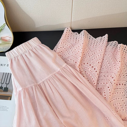 French-style sweet and youthful hollowed-out lace crochet midi skirt for women, summer 2025, high-waisted, pleated, loose-fitting, wide-skirted umbrella skirt.