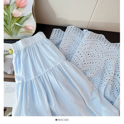 French-style sweet and youthful hollowed-out lace crochet midi skirt for women, summer 2025, high-waisted, pleated, loose-fitting, wide-skirted umbrella skirt.