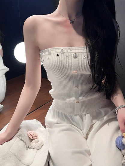 FairyJiang Spring New Slim White Knitted Sweater Top Women's Short Stretch Inner Tube Top