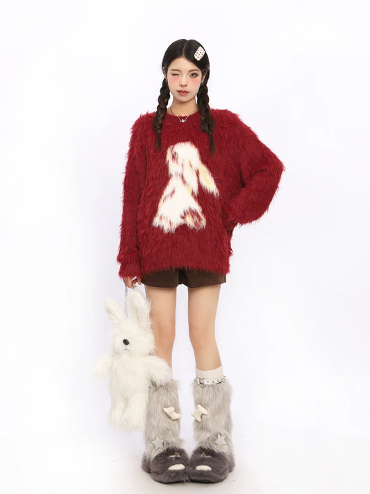BIGGOLD American Style 2024 Red New Year Mink Sweater for Women, Autumn and Winter Rabbit Lazy Style Knitted Top