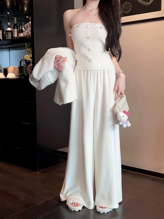 FairyJiang spring new style drapey high-waisted white knitted wide-leg pants women's loose floor-length straight casual pants