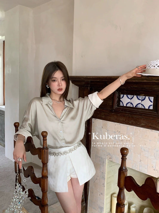 KUBERAS [Qing Shi Xing] Simple, versatile, loose and contrasting shirt + heavy sequined shorts set