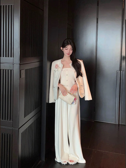 FairyJiang spring new style drapey high-waisted white knitted wide-leg pants women's loose floor-length straight casual pants