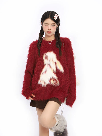 BIGGOLD American Style 2024 Red New Year Mink Sweater for Women, Autumn and Winter Rabbit Lazy Style Knitted Top