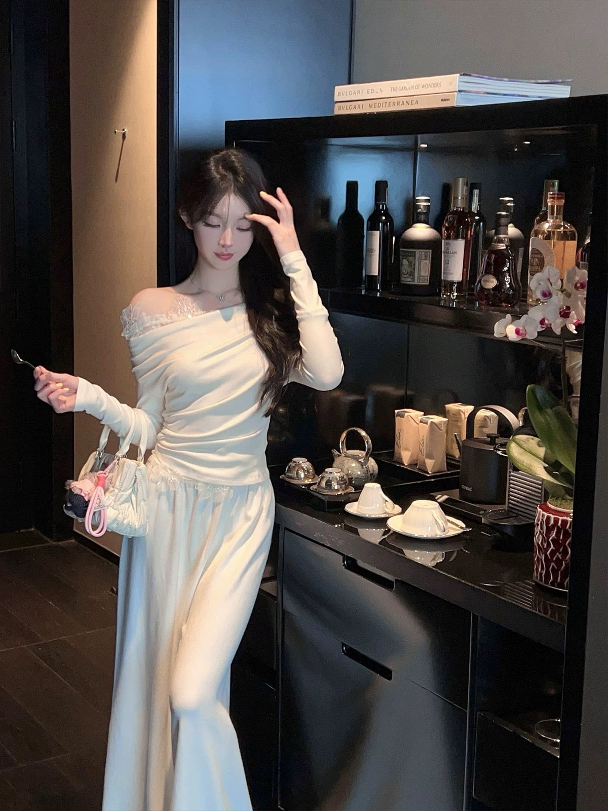 FairyJiang spring new style drapey high-waisted white knitted wide-leg pants women's loose floor-length straight casual pants