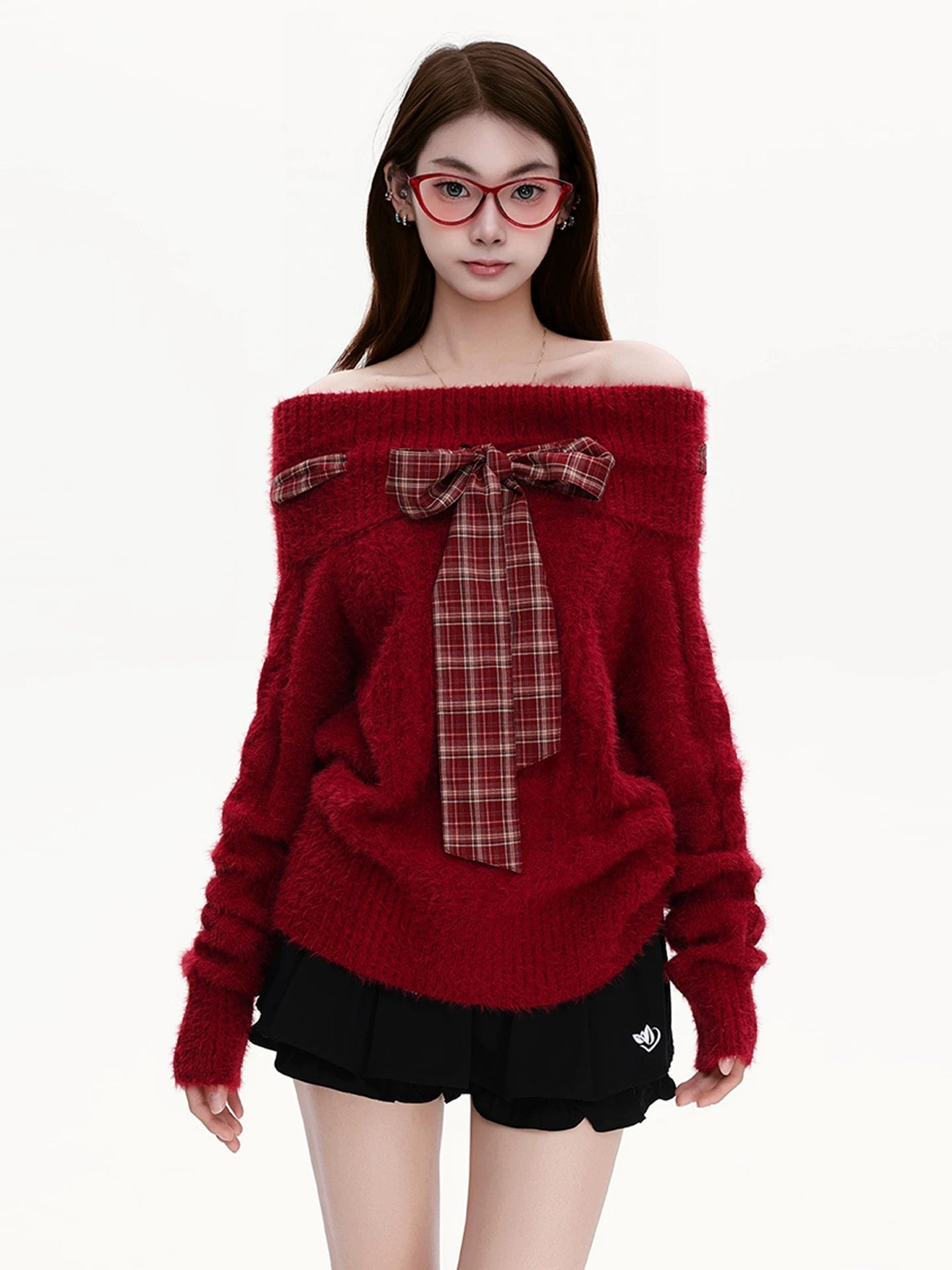 PBB atmospheric plaid bow-tie off-the-shoulder knit sweater for women, French retro and sexy style, burgundy.