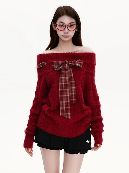 PBB atmospheric plaid bow-tie off-the-shoulder knit sweater for women, French retro and sexy style, burgundy.