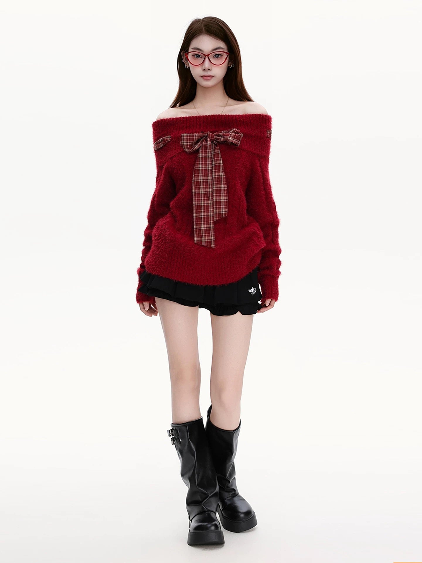 PBB atmospheric plaid bow-tie off-the-shoulder knit sweater for women, French retro and sexy style, burgundy.