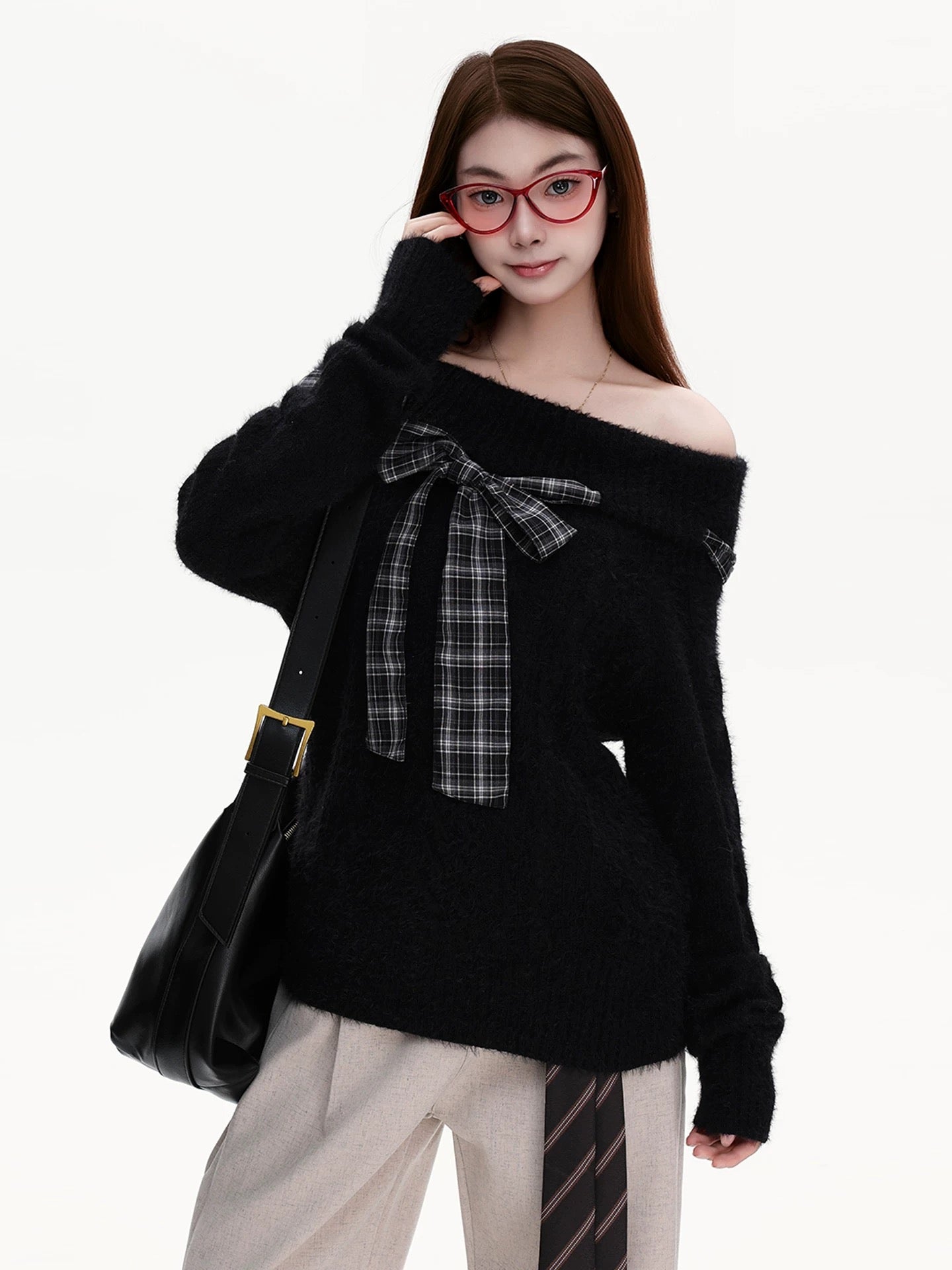 PBB atmospheric plaid bow-tie off-the-shoulder knit sweater for women, French retro and sexy style, burgundy.