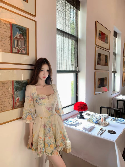 JUNSTUDIO Floral Print Mid-Sleeve Dress