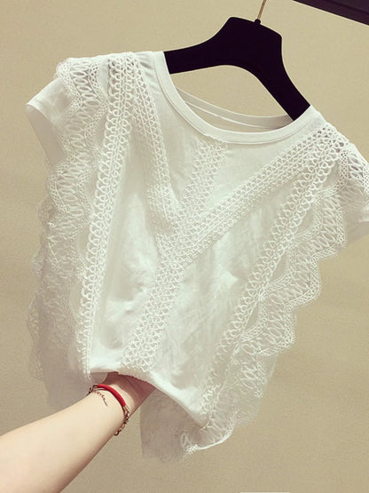 Brand discount store genuine women's clothing cut label clearance summer style white lace short-sleeved chiffon shirt tops for women trendy