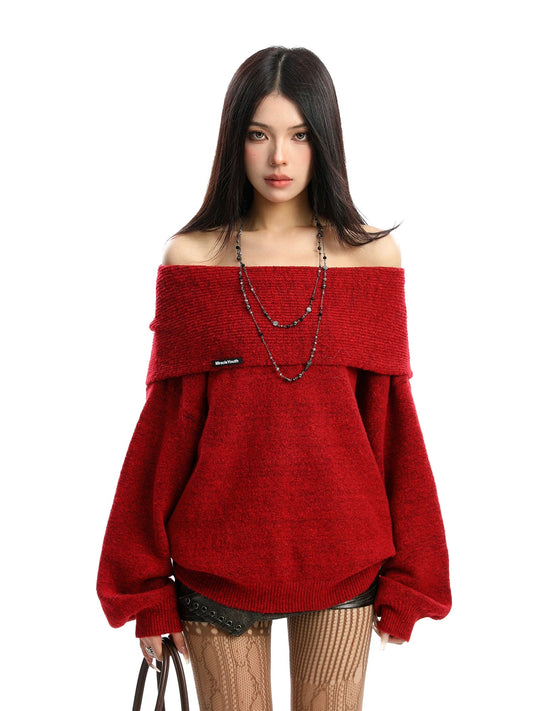 BIGGOLD Korean Style Off-Shoulder Sweater for Women, Autumn/Winter Elegant Thick Warm Loose Knit Top