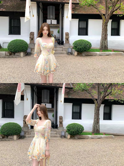 JUNSTUDIO Floral Print Mid-Sleeve Dress