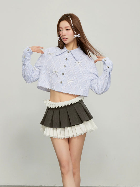 Street 2024 spring and summer Korean style sweet and spicy long-sleeved striped shirt women's design niche shirt short crop top