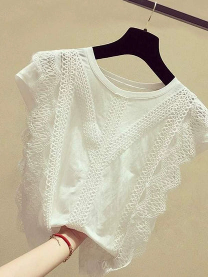 Brand discount store genuine women's clothing cut label clearance summer style white lace short-sleeved chiffon shirt tops for women trendy